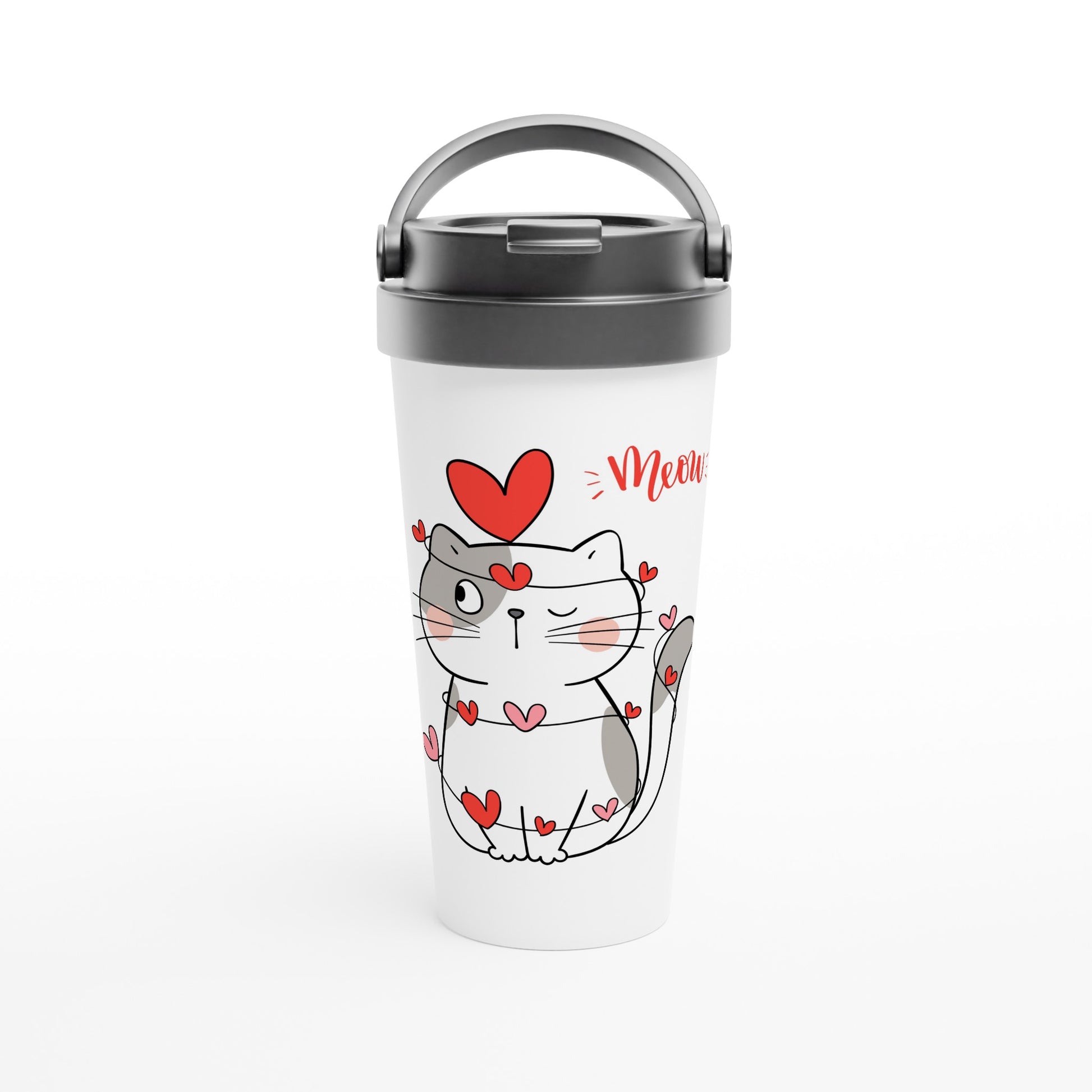 Cat Heart Meow - White 15oz Stainless Steel Travel Mug Default Title Travel Mug animal Globally Fulfilled Love