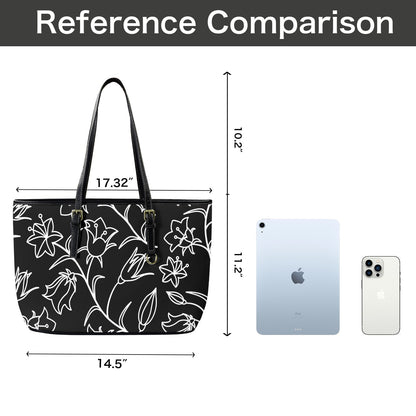 Black And White Floral - Leather Tote Bag-Large