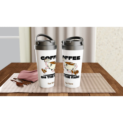 Personalised - Coffee On The Run - White 15oz Stainless Steel Travel Mug Personalised Travel Mug Coffee