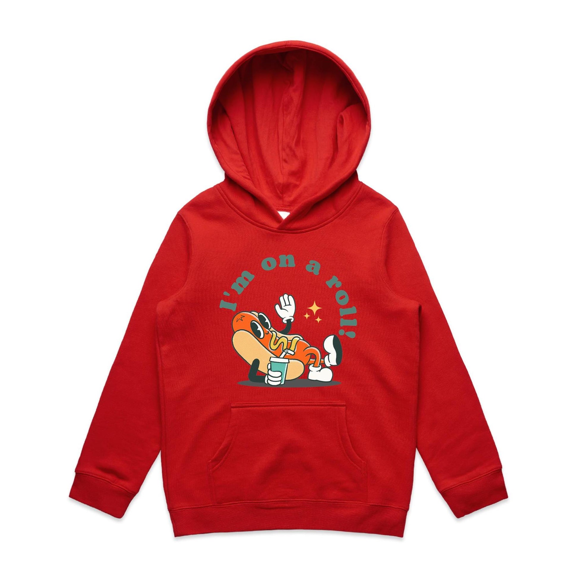Hot Dog, I'm On A Roll - Youth Supply Hood Red Kids Hoodie Food Retro