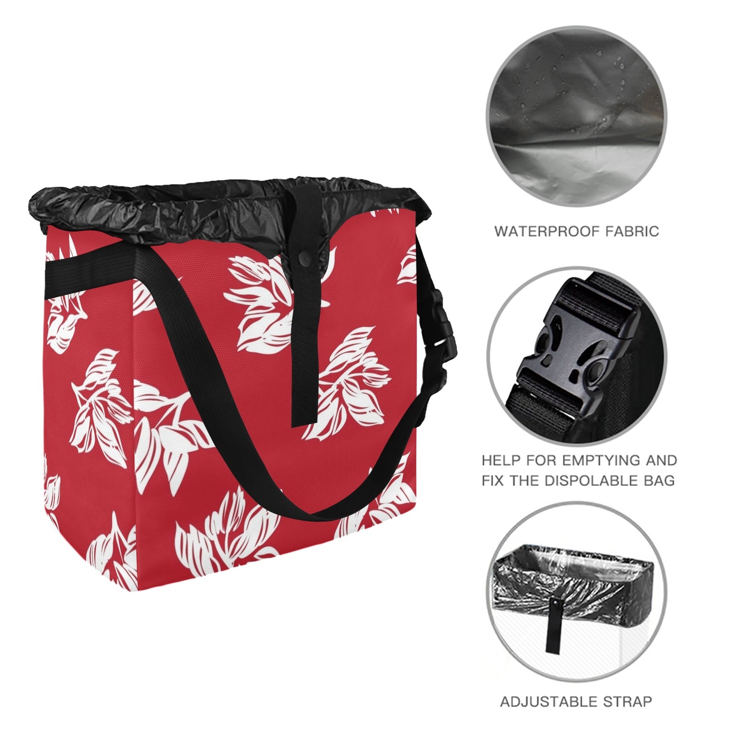 Red Retro Foliage, Hawaiian Flower - Car Trash Bag