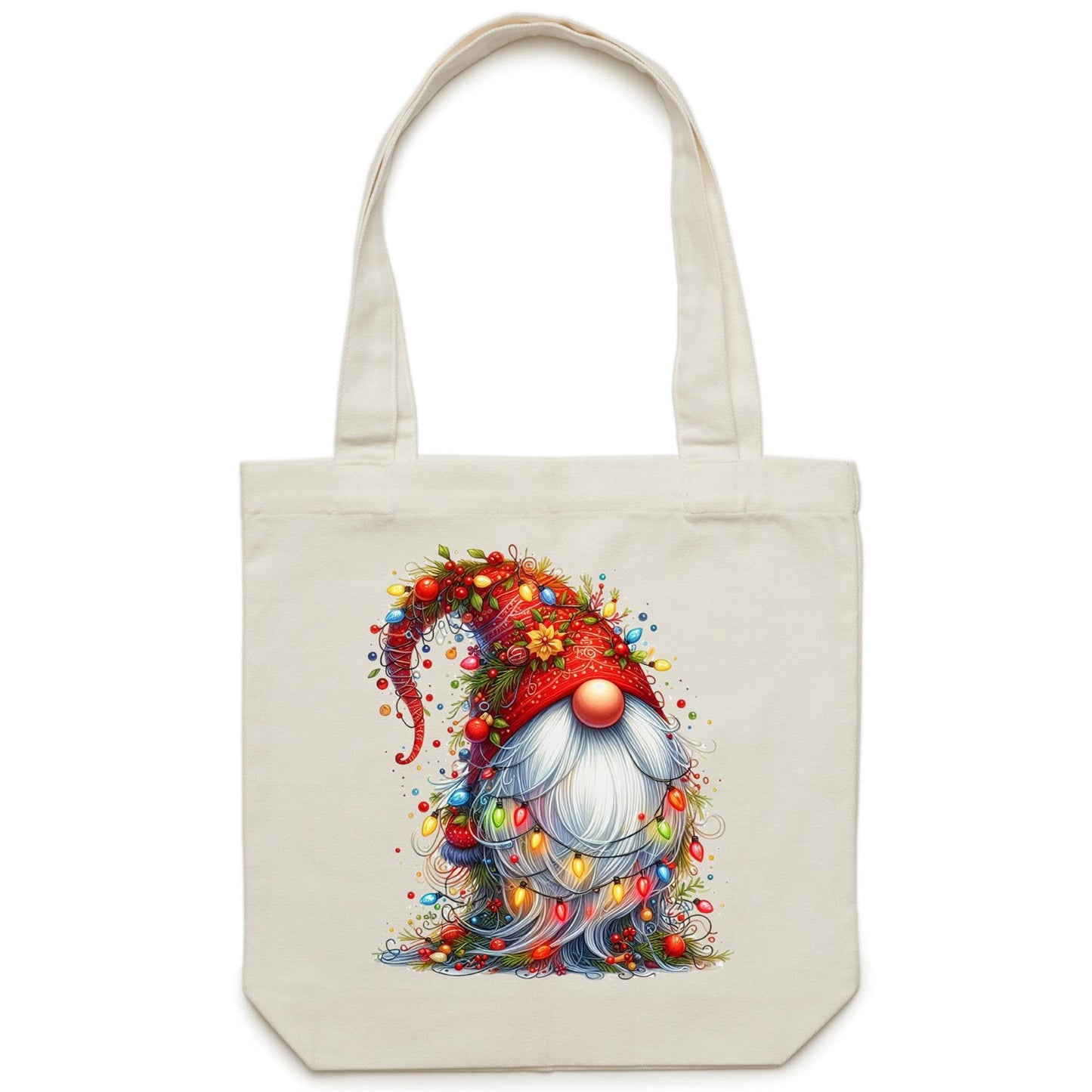 Christmas Gnome Wrapped In Lights - Canvas Tote Bag Cream One Size Christmas Tote Bag Christmas Printed In Australia