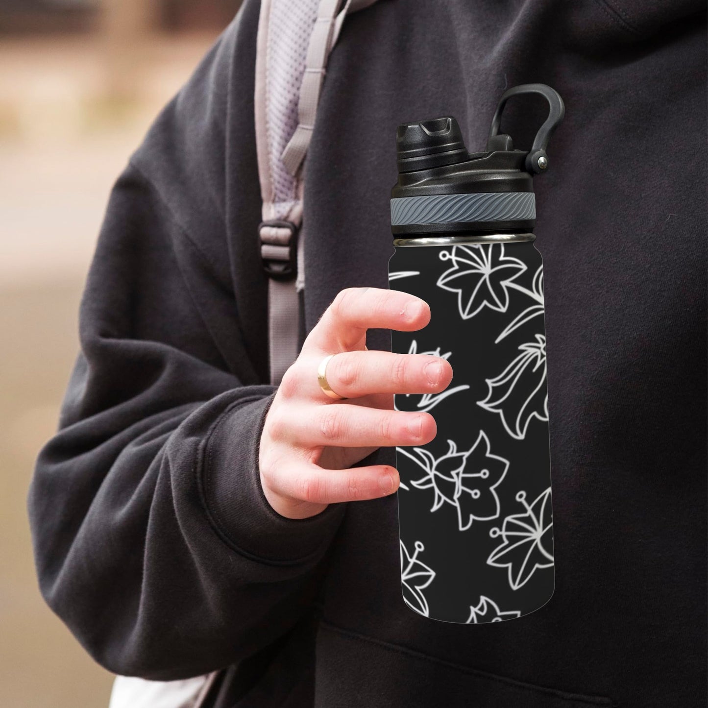 Black And White Floral - Insulated Water Bottle with Dual-Use Lid (18oz)