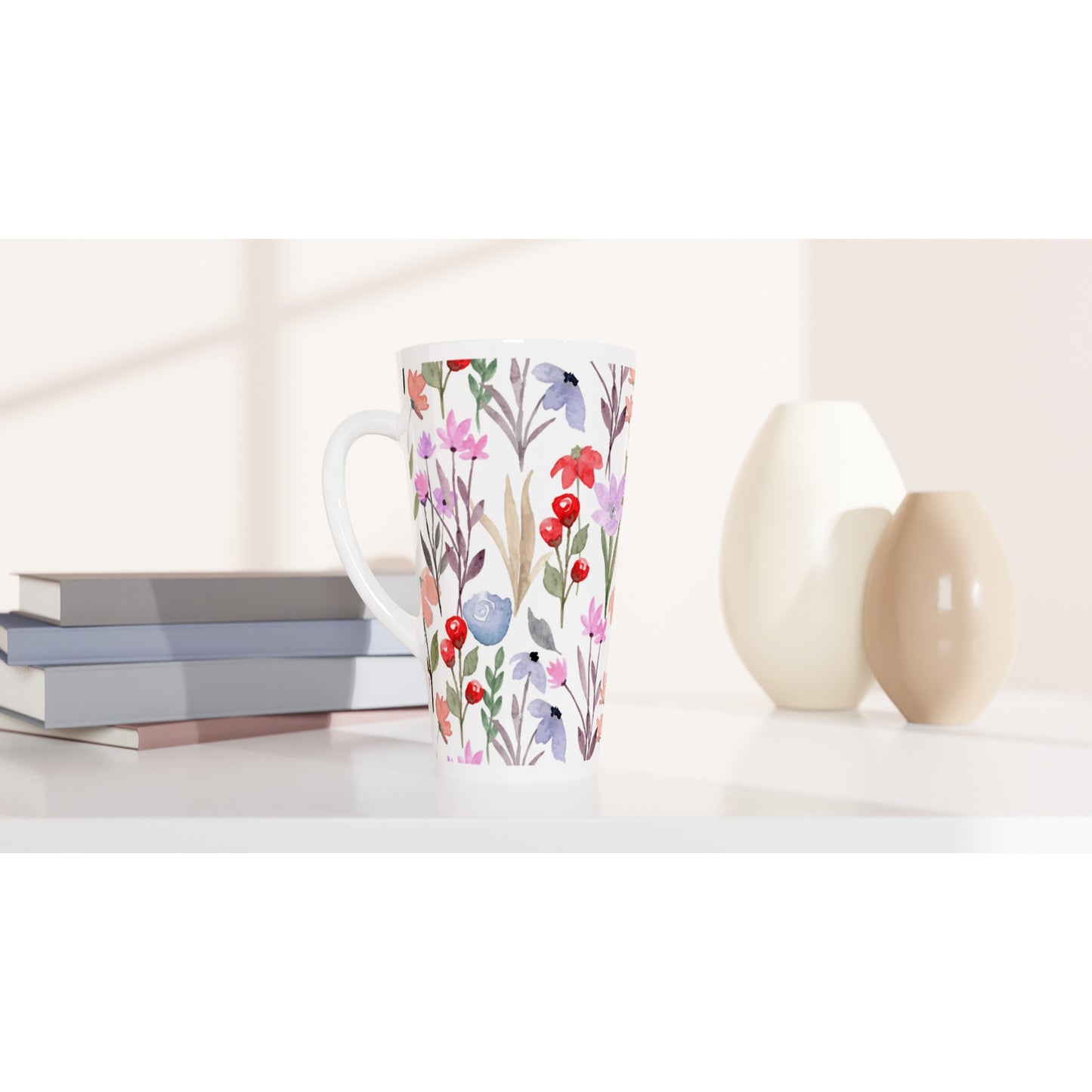 Watercolour Flowers - White Latte 17oz Ceramic Mug Latte Mug Globally Fulfilled Plants