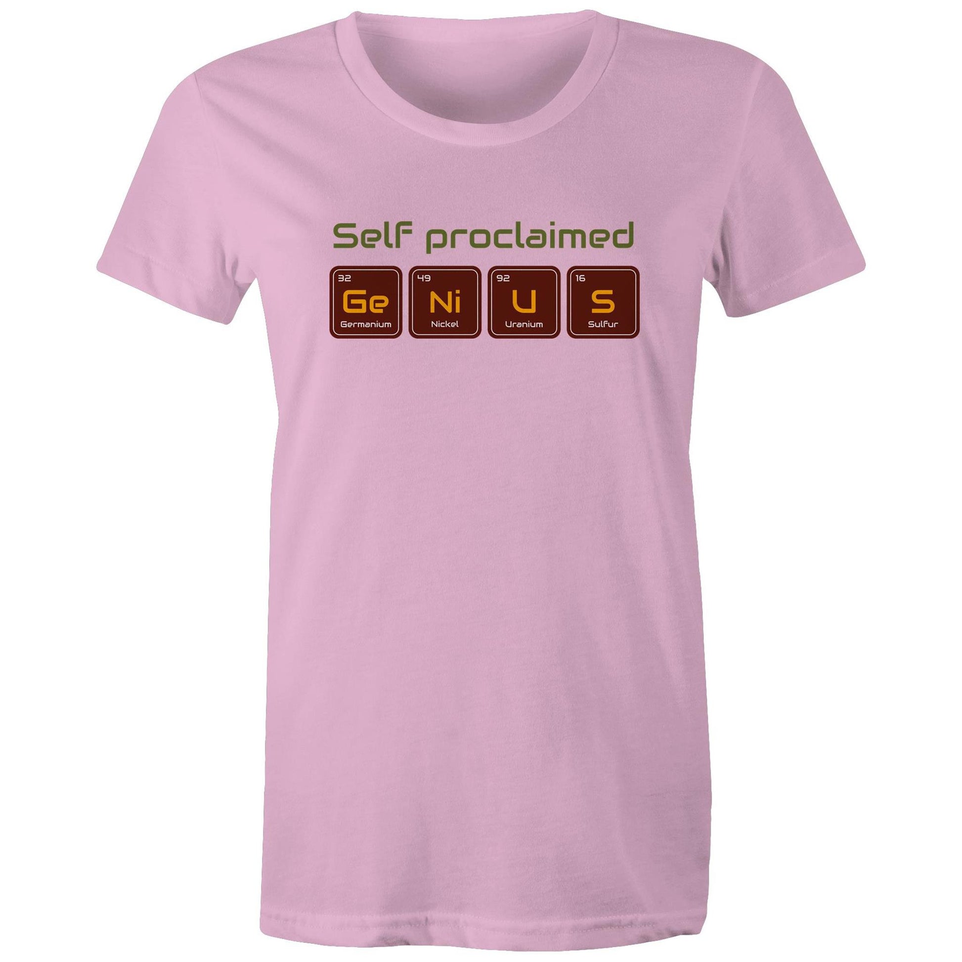Self Proclaimed Genius, Periodic Table - Womens T-shirt Pink Womens T-shirt Science