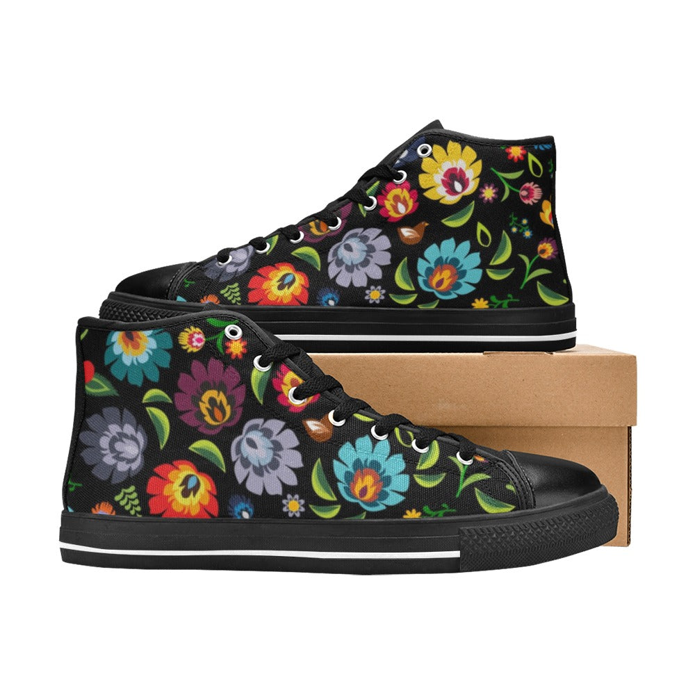 Folk Floral - Women's High Top Canvas Shoes