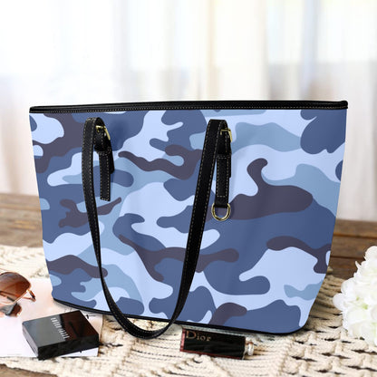 Blue Camouflage - Leather Tote Bag-Large