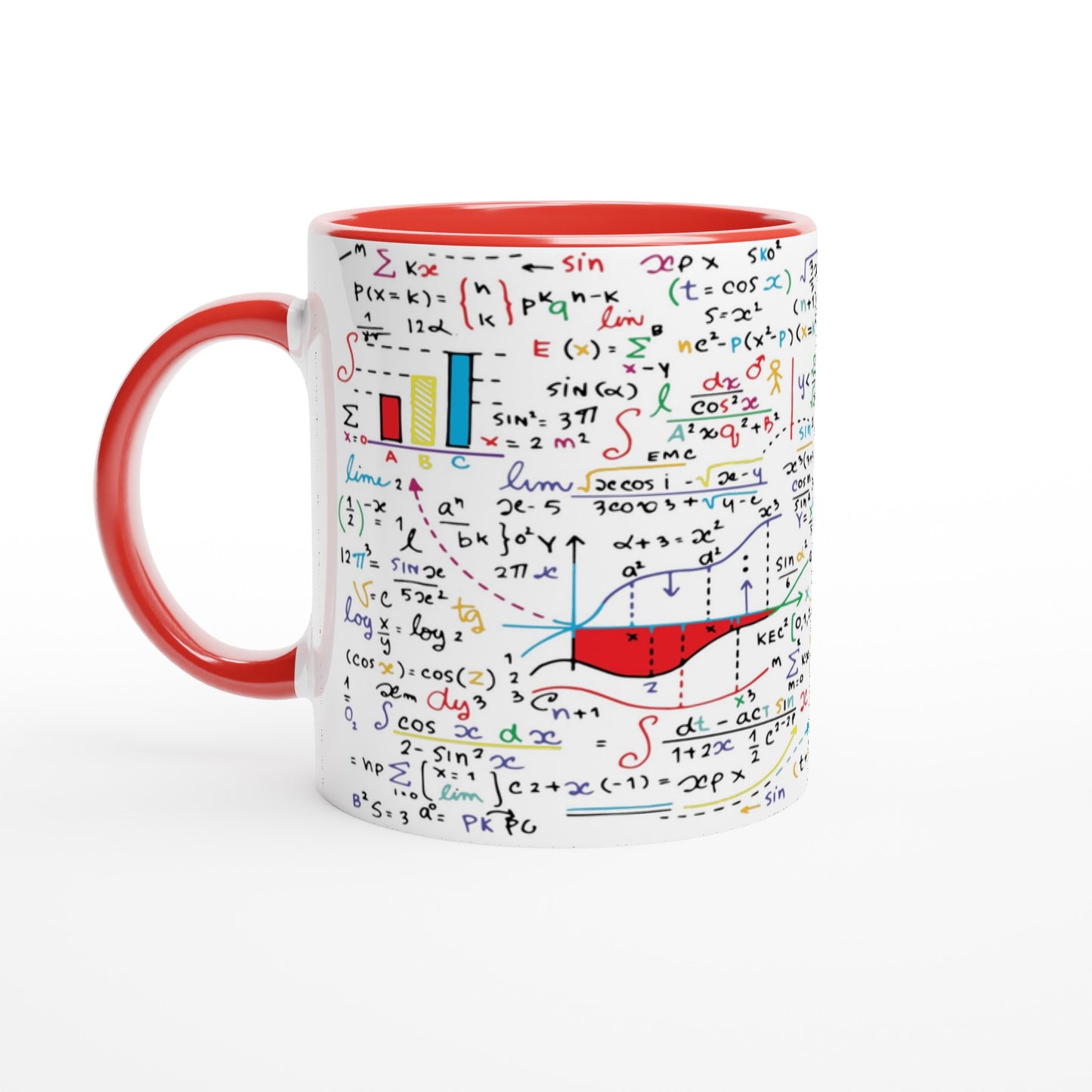 Colourful Maths Formulas - White 11oz Ceramic Mug with Colour Inside Ceramic Red Colour 11oz Mug Globally Fulfilled Science