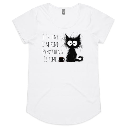 It's Fine, I'm Fine, Frazzled Cat - Womens Scoop Neck T-Shirt White Womens Scoop Neck T-shirt animal Printed In Australia