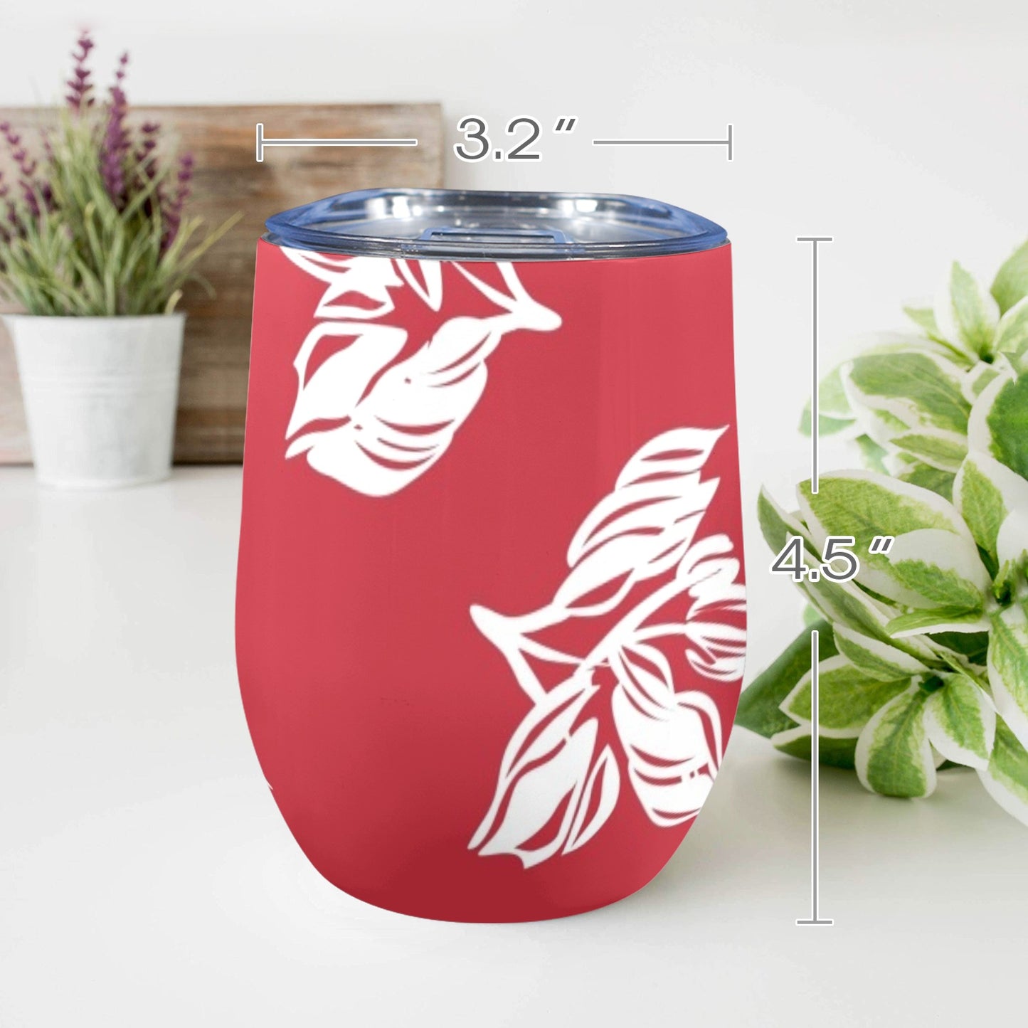 Red Retro Foliage, Hawaiian Flower - 12oz Wine Tumbler 12oz Wine Tumbler Printed Offshore Summer Surf