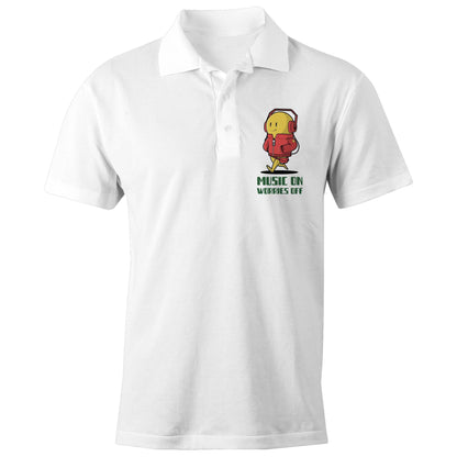 Music On, Worries Off - Chad S/S Polo Shirt, Printed White Polo Shirt Music