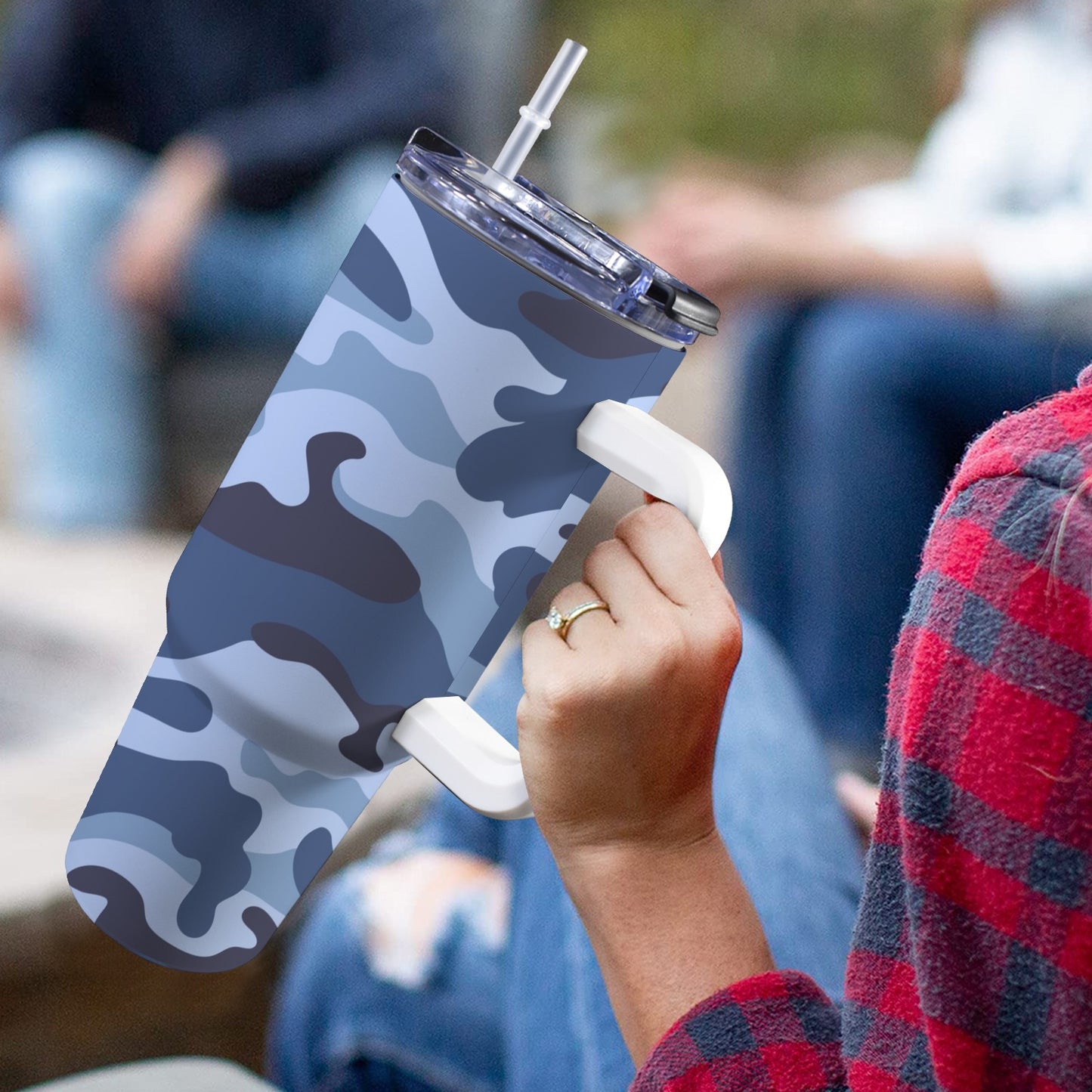 Blue Camouflage - 40oz Tumbler with White Handle