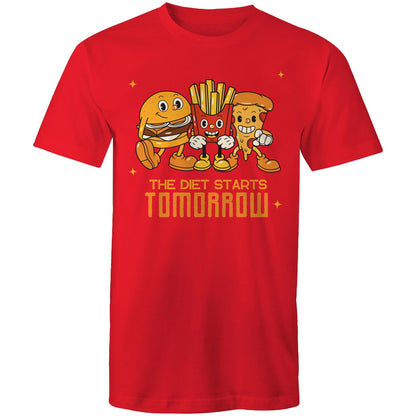 The Diet Starts Tomorrow, Hamburger, Pizza, Fries - Mens T-Shirt Red Mens T-shirt Food Funny Retro