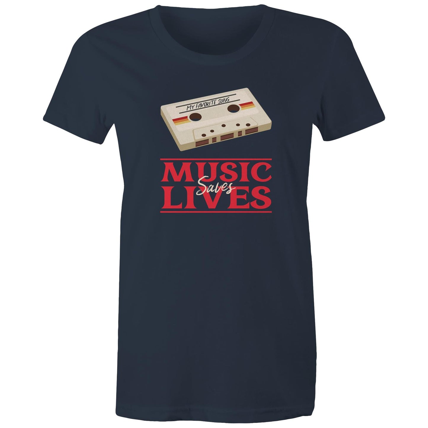 Music Saves Lives, Cassette Tape - Womens T-shirt Navy Womens T-shirt Music Printed In Australia Retro