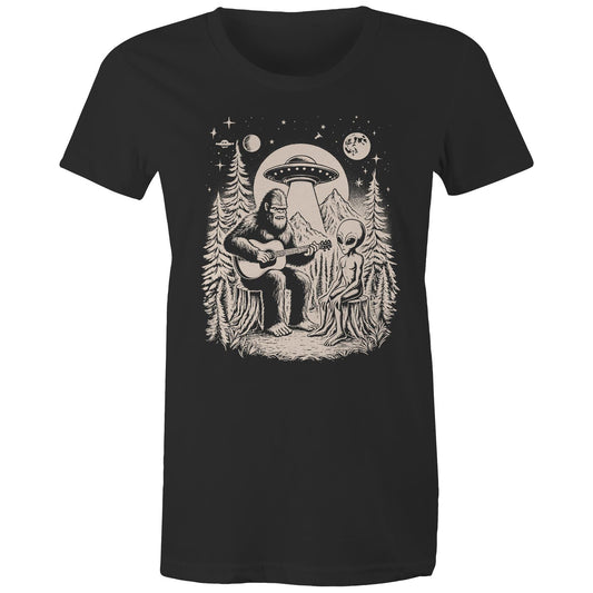 Alien And Bigfoot Play Guitar - Womens T-shirt