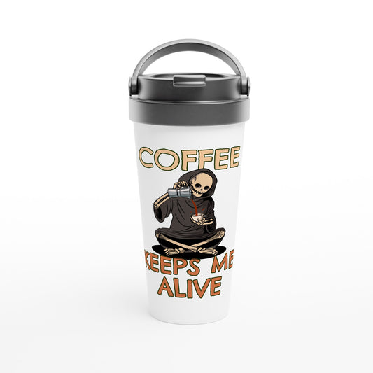 Coffee Keeps Me Alive, Skeleton - White 15oz Stainless Steel Travel Mug Default Title Travel Mug Coffee Globally Fulfilled