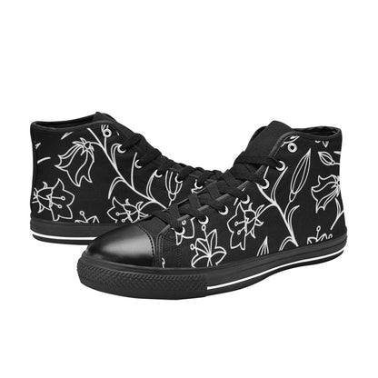 Black And White Floral - Women's High Top Canvas Shoes