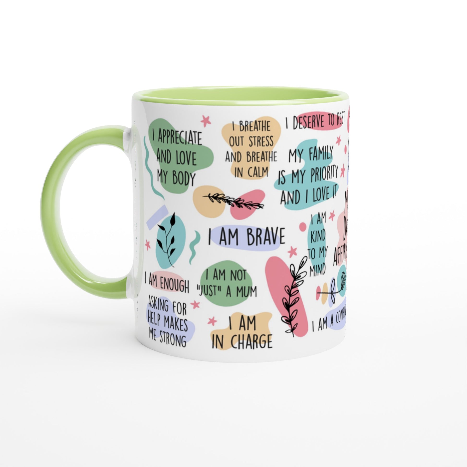 Mum Daily Affirmations - White 11oz Ceramic Mug with Colour Inside Ceramic Green Colour 11oz Mug Globally Fulfilled Mum