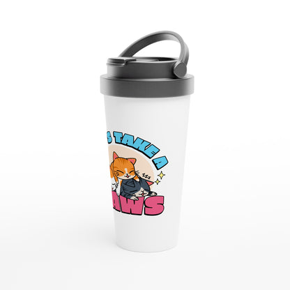 Let's Take A Paws, Cats - White 15oz Stainless Steel Travel Mug Travel Mug animal Globally Fulfilled