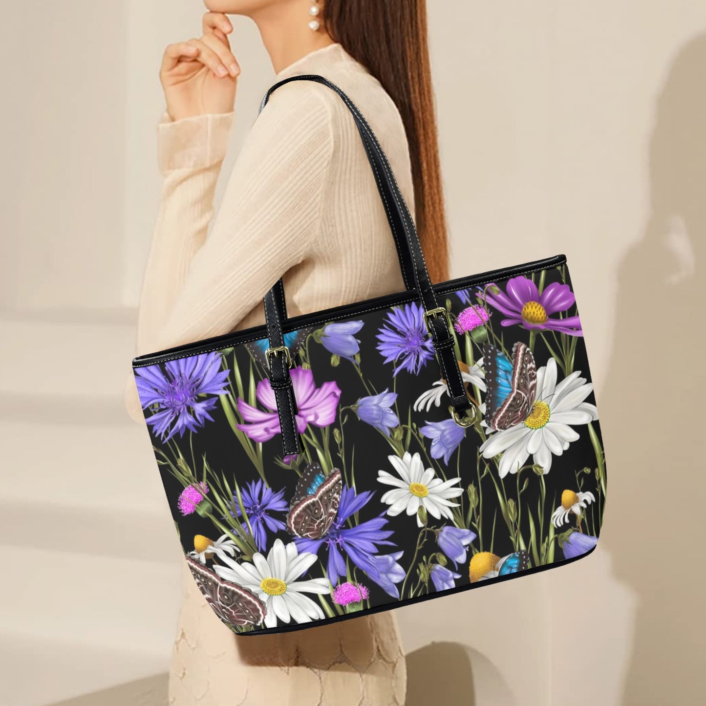 Butterfly Flowers - Leather Tote Bag-Large