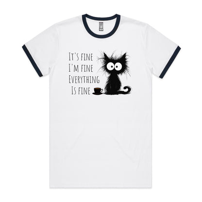 It's Fine, I'm Fine, Frazzled Cat - Ringer Tee White Navy