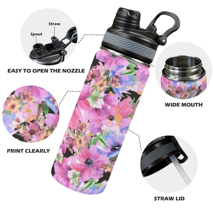 Bright Pink Floral - Insulated Water Bottle with Dual-Use Lid (18oz) Insulated Water Bottle with Dual-Use Lid (18oz) Printed Offshore