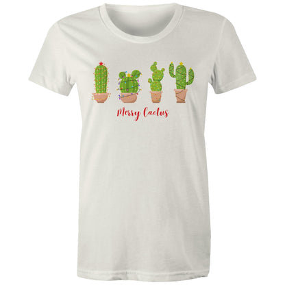 Merry Cactus, Christmas - Womens T-shirt Natural Womens Christmas T-shirt Christmas Printed In Australia