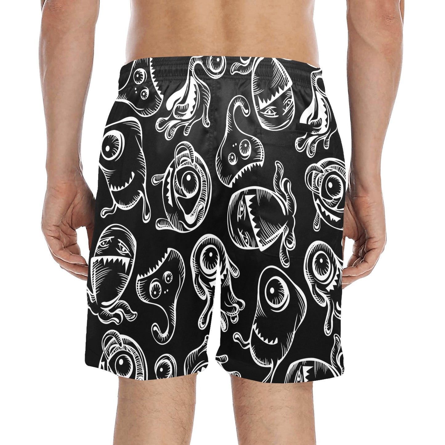 Monsters In Black And White - Men's Mid-Length Beach Shorts