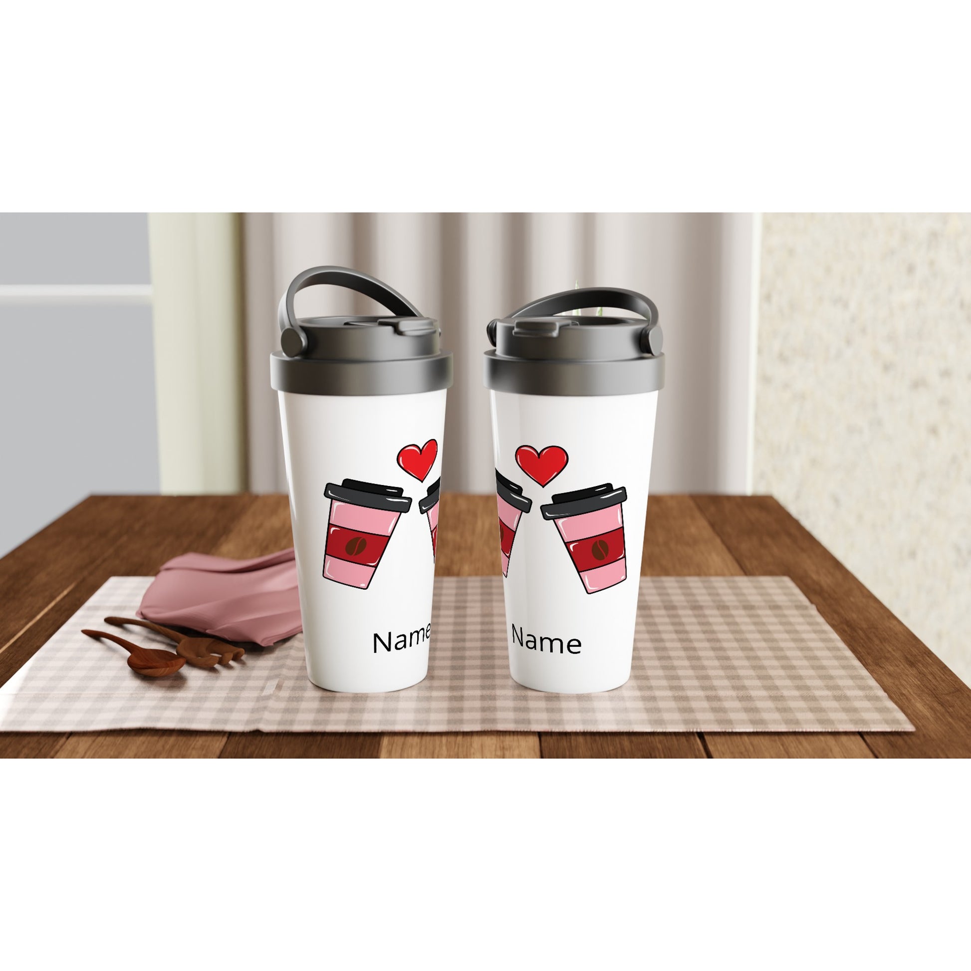 Personalised - Coffee Characters - White 15oz Stainless Steel Travel Mug Personalised Travel Mug customise Globally Fulfilled personalise