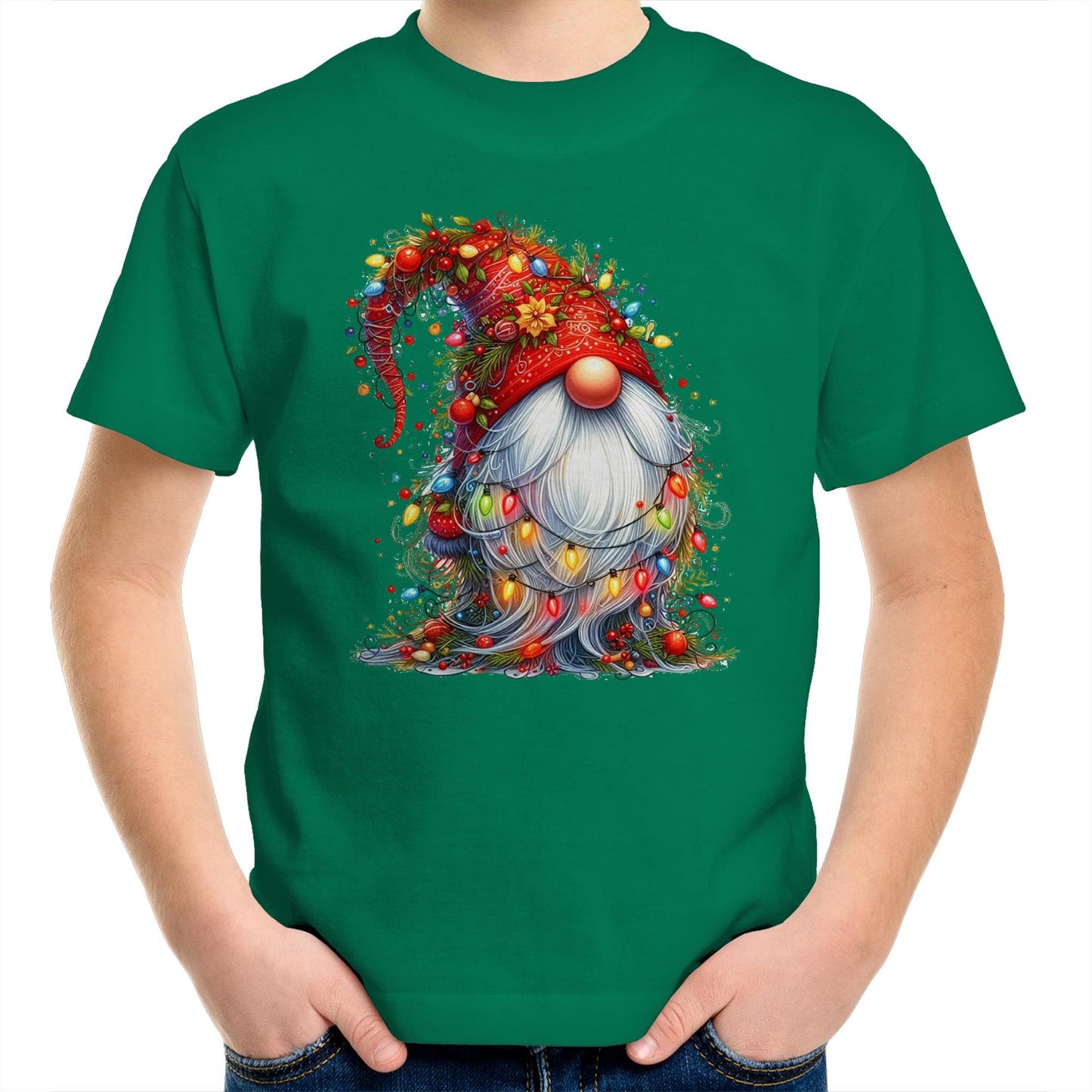 Christmas Gnome Wrapped In Lights - Kids Youth T-Shirt Kelly Green Kids Christmas T-shirt Christmas Printed In Australia