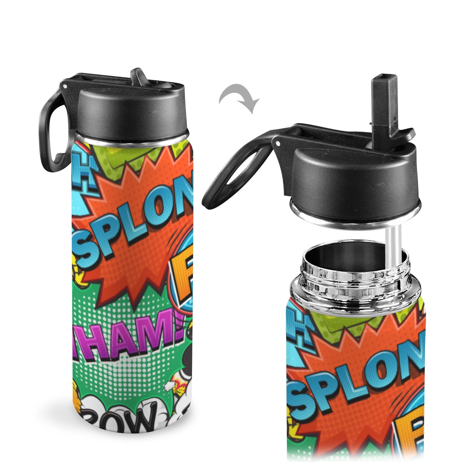 Comic Book 2 - Insulated Water Bottle with Straw Lid (18oz) Insulated Water Bottle with Swing Handle