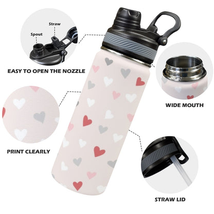 Pretty Hearts - Insulated Water Bottle with Dual-Use Lid (18oz)