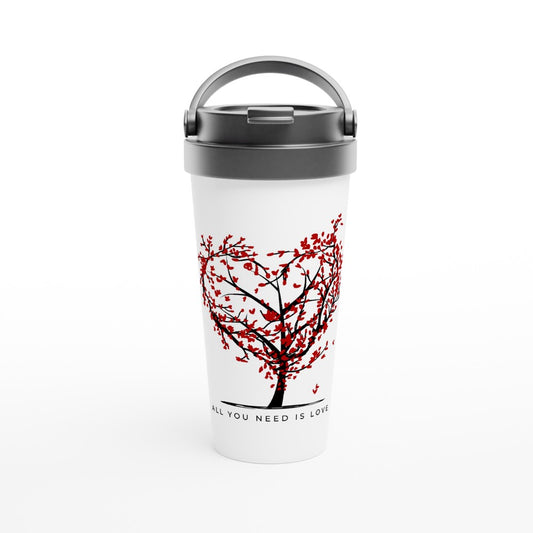 All You Need Is Love - White 15oz Stainless Steel Travel Mug Travel Mug coffee cup handle heart leaves hearts hot love palm trees positivity red romance screw on lid valentines