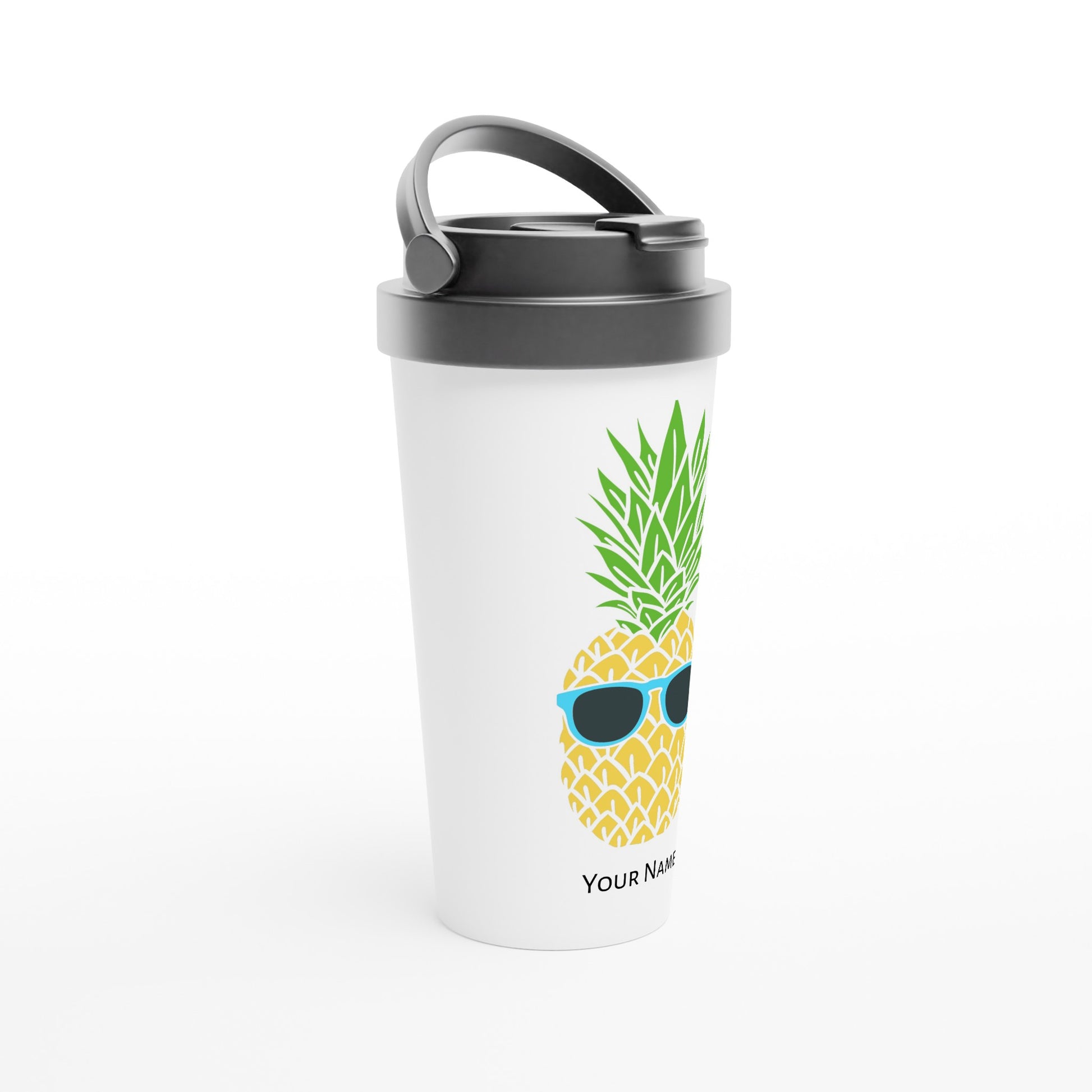 Personalised - Pineapple With Glasses - White 15oz Stainless Steel Travel Mug Personalised Travel Mug Food