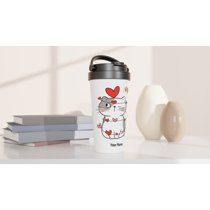 Personalised - Cat Heart Meow - White 15oz Stainless Steel Travel Mug Personalised Travel Mug animal Love