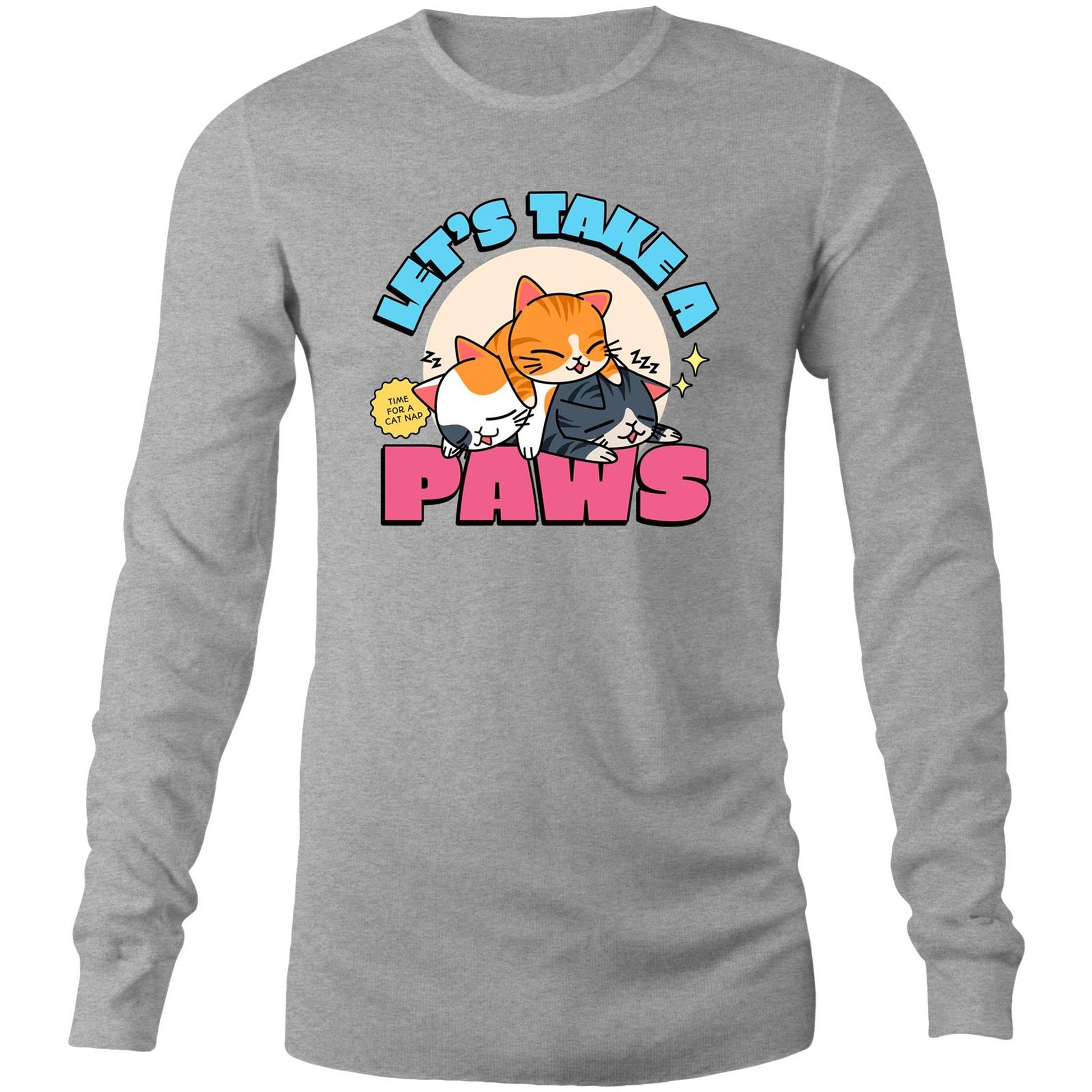 Let's Take A Paws, Time For A Cat Nap - Mens Long Sleeve T-Shirt Grey Marle Unisex Long Sleeve T-shirt animal