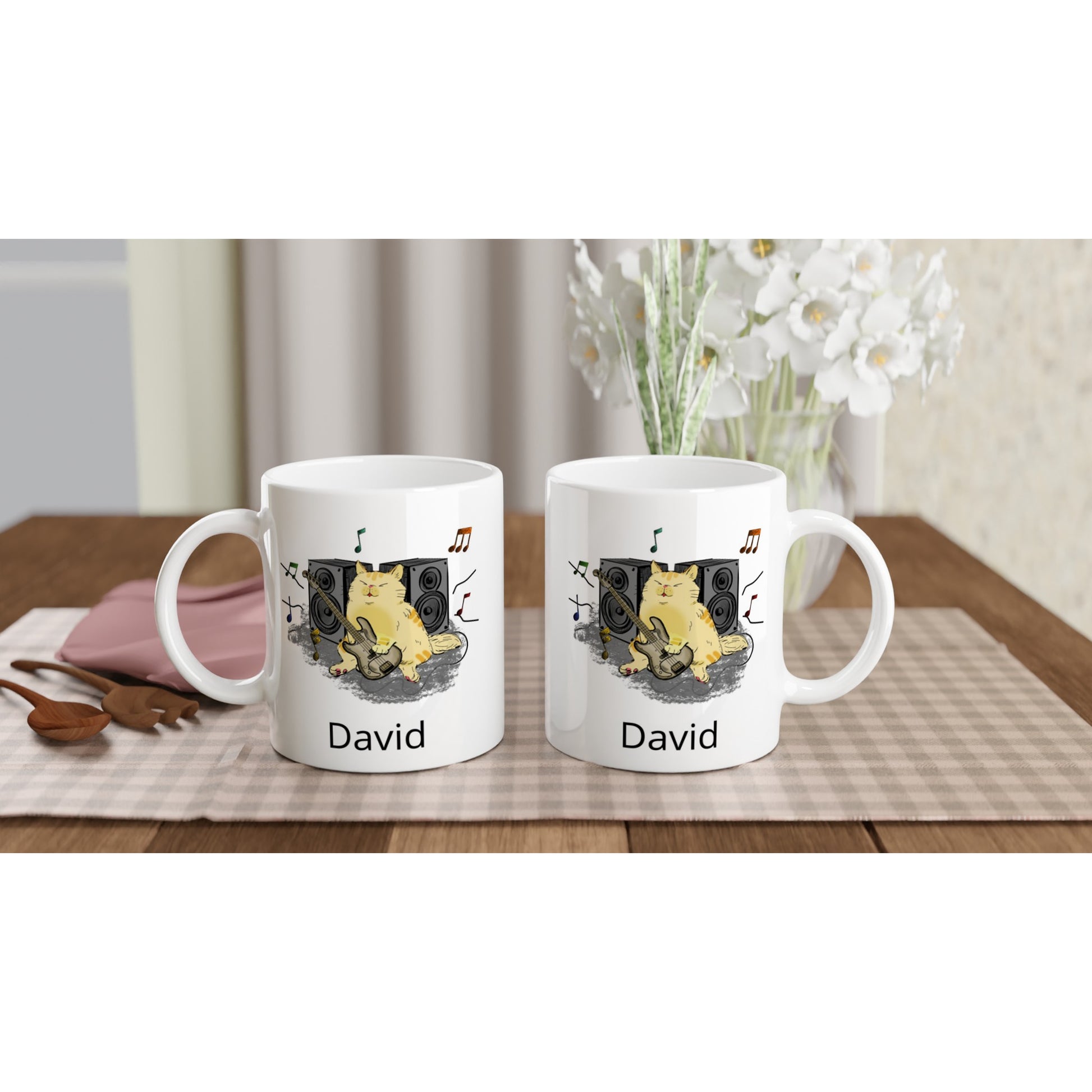 Personalise - Cat Bass Player - White 11oz Ceramic Mug Personalised Mug animal customise Globally Fulfilled Music personalise