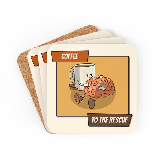 Coffee To The Rescue - Corkwood Coaster Set Cork 3.75" × 3.75" Square Coaster