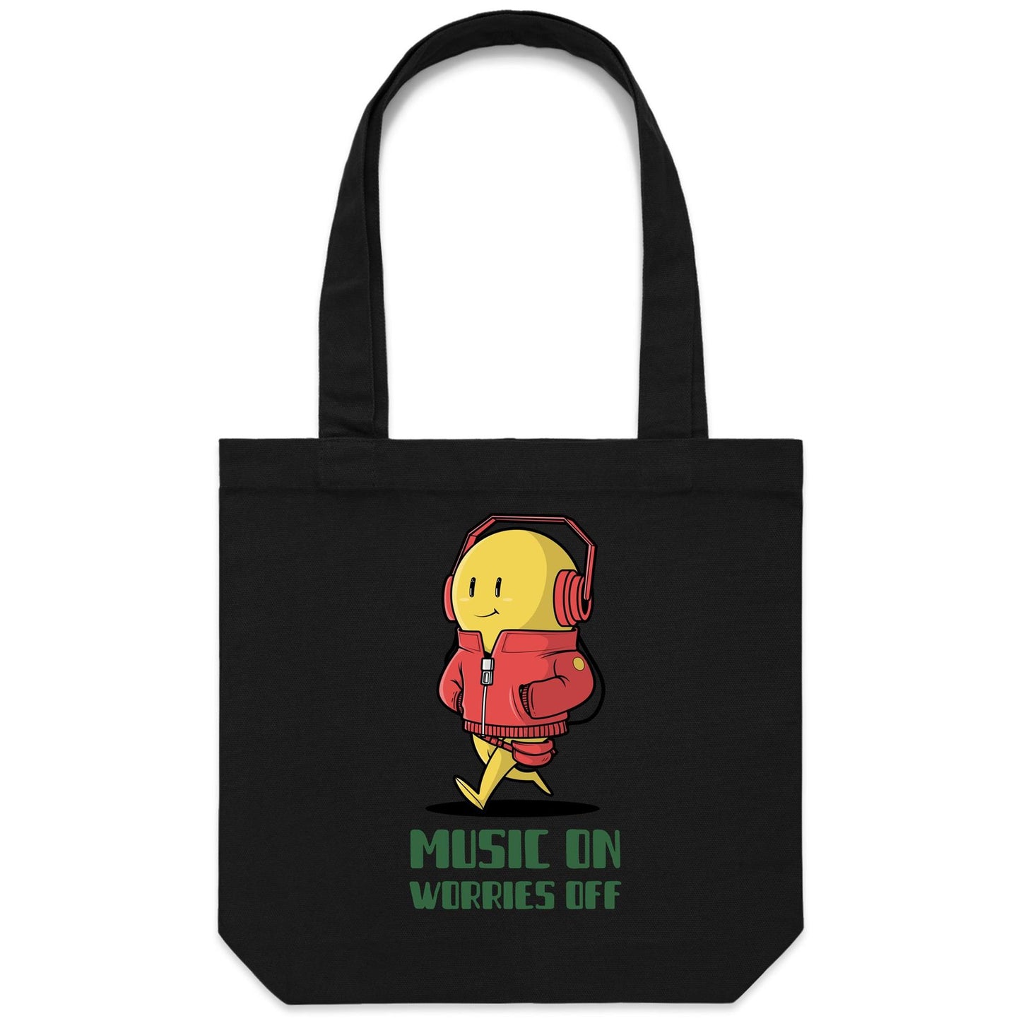 Music On, Worries Off - Canvas Tote Bag Black One Size Tote Bag Music
