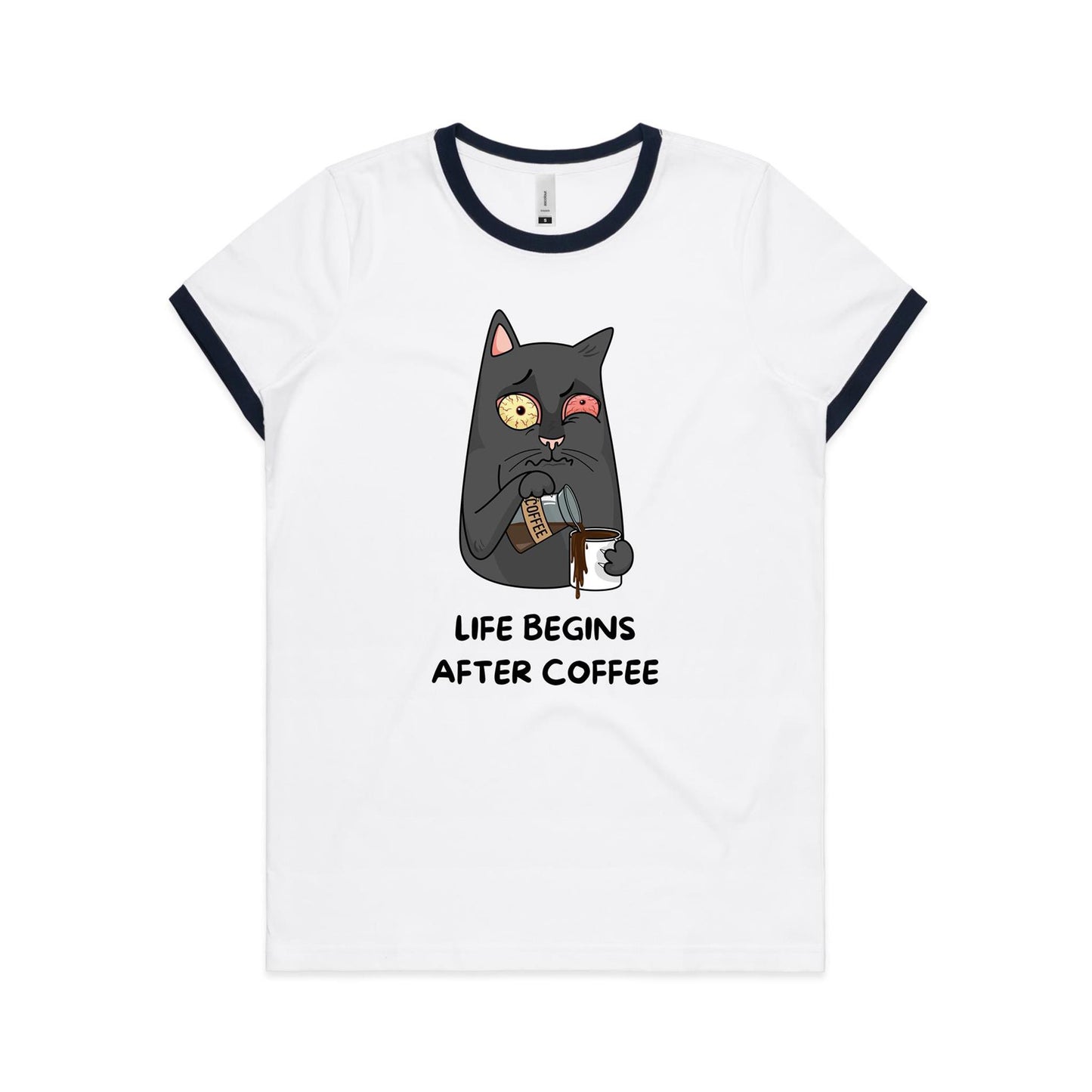 Life Begins After Coffee, Cat - Women's Ringer Tee