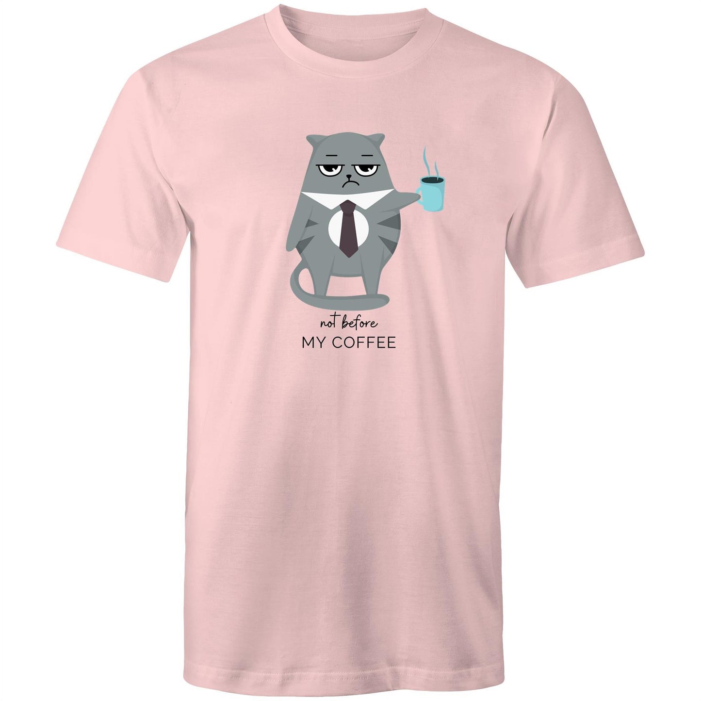 Not Before My Coffee, Cranky Cat - Mens T-Shirt Pink Mens T-shirt animal Coffee Printed In Australia