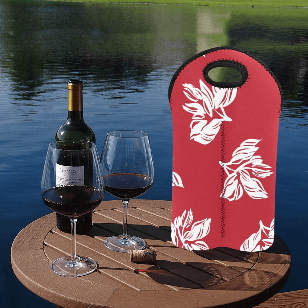 Red Retro Foliage, Hawaiian Flower - 2-Bottle Neoprene Wine Bag 2 Bottle Wine Bag Printed Offshore Summer Surf