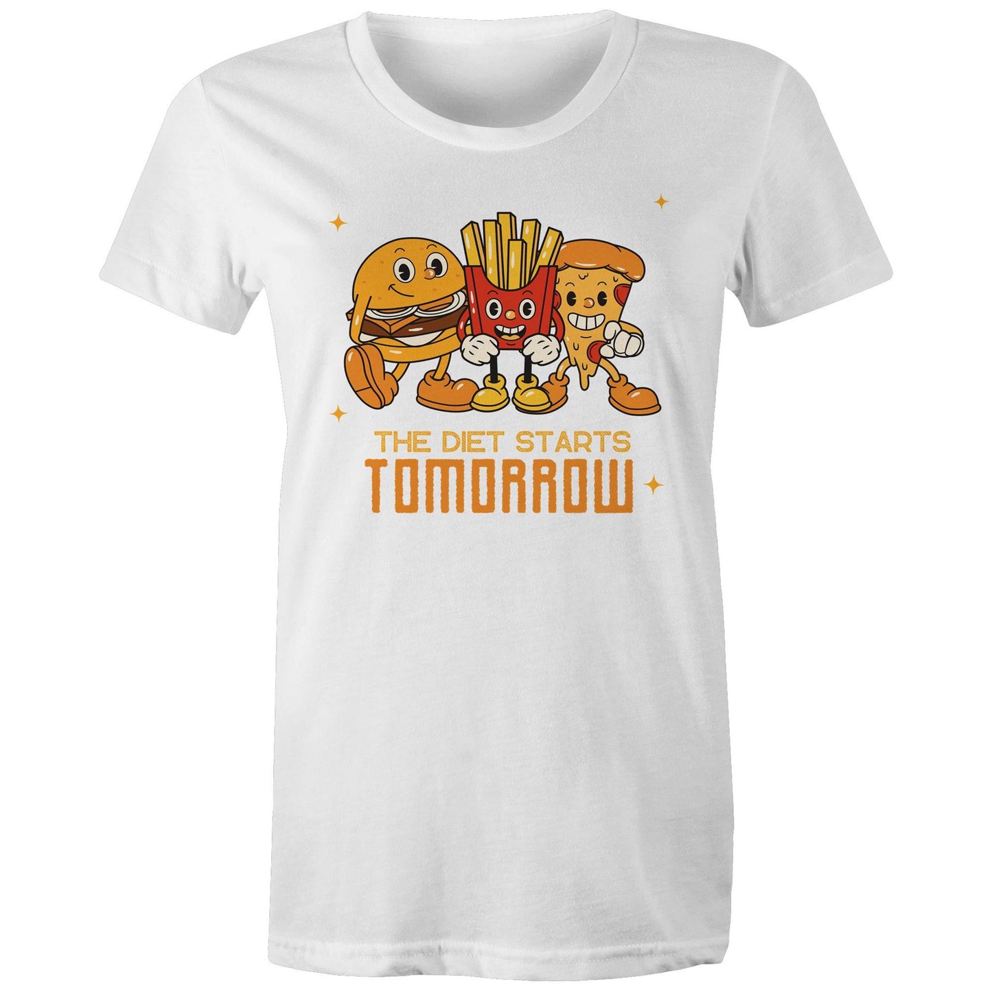 The Diet Starts Tomorrow, Hamburger, Fries, Pizza - Womens T-shirt