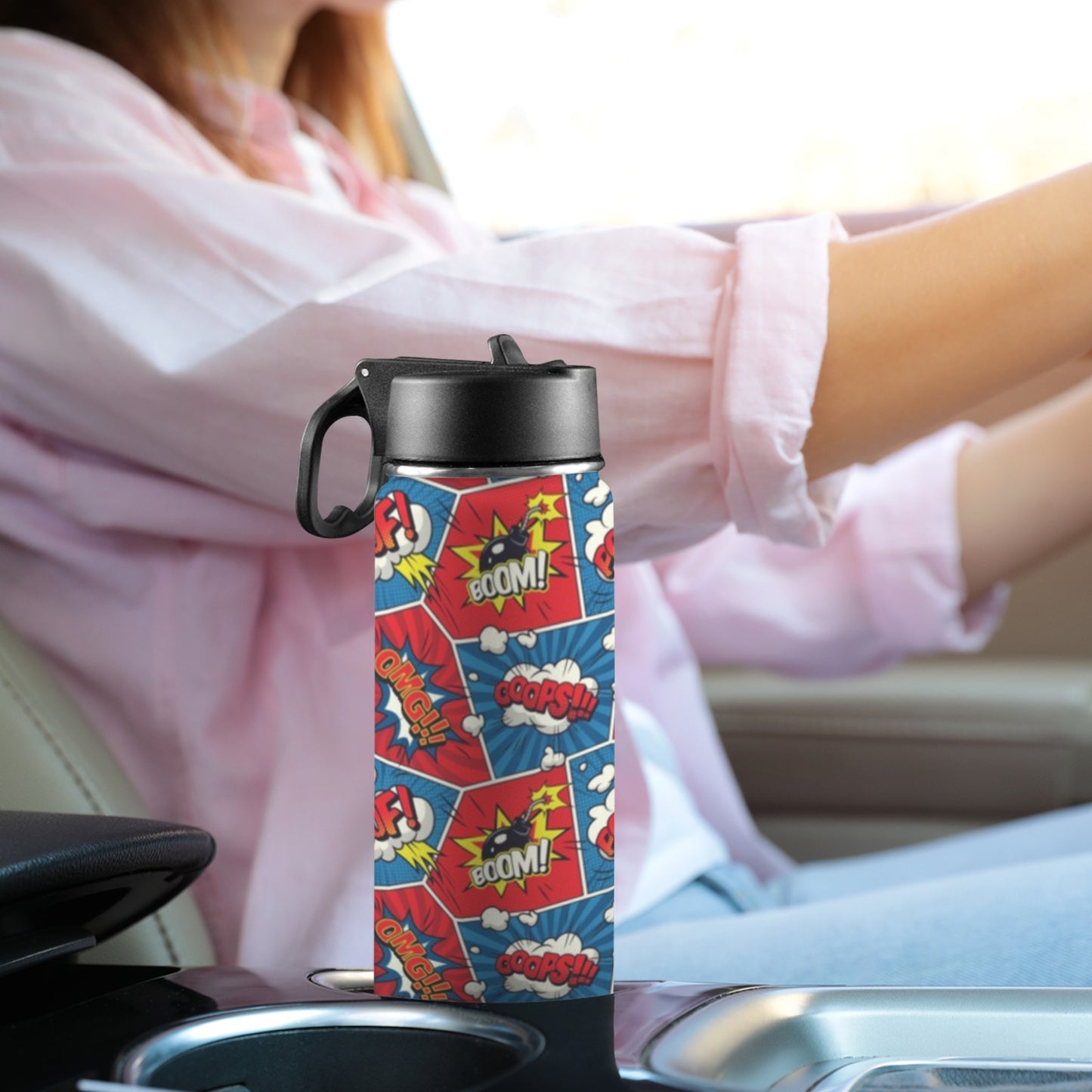 Comic Book Pop - Insulated Water Bottle with Straw Lid (18oz) Insulated Water Bottle with Swing Handle