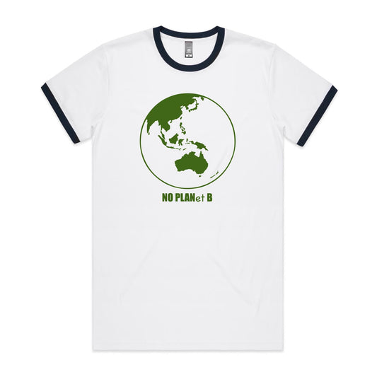 No Planet B, Earth - Staple Ringer Tee White Navy Ringer T-Shirt Environment Printed In Australia