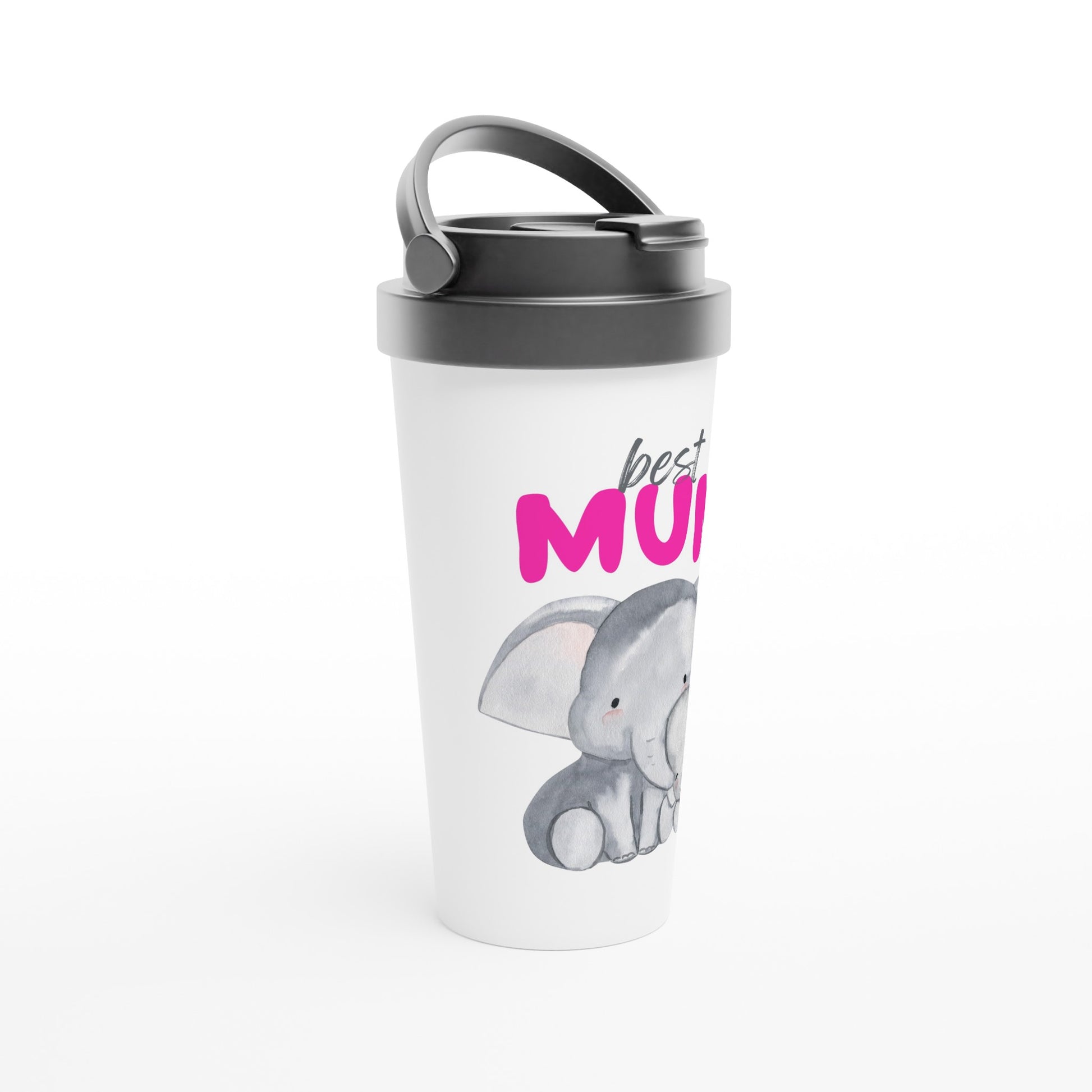 Best Mum, Cute Elephants - White 15oz Stainless Steel Travel Mug Travel Mug animal Globally Fulfilled Mum