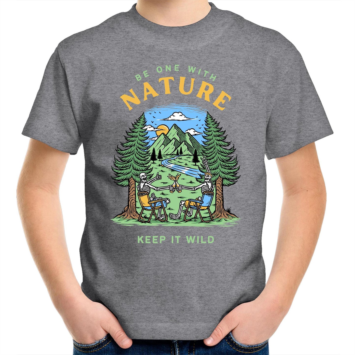 Be One With Nature, Skeleton - Kids Youth T-Shirt Grey Marle Kids Youth T-shirt Environment Summer