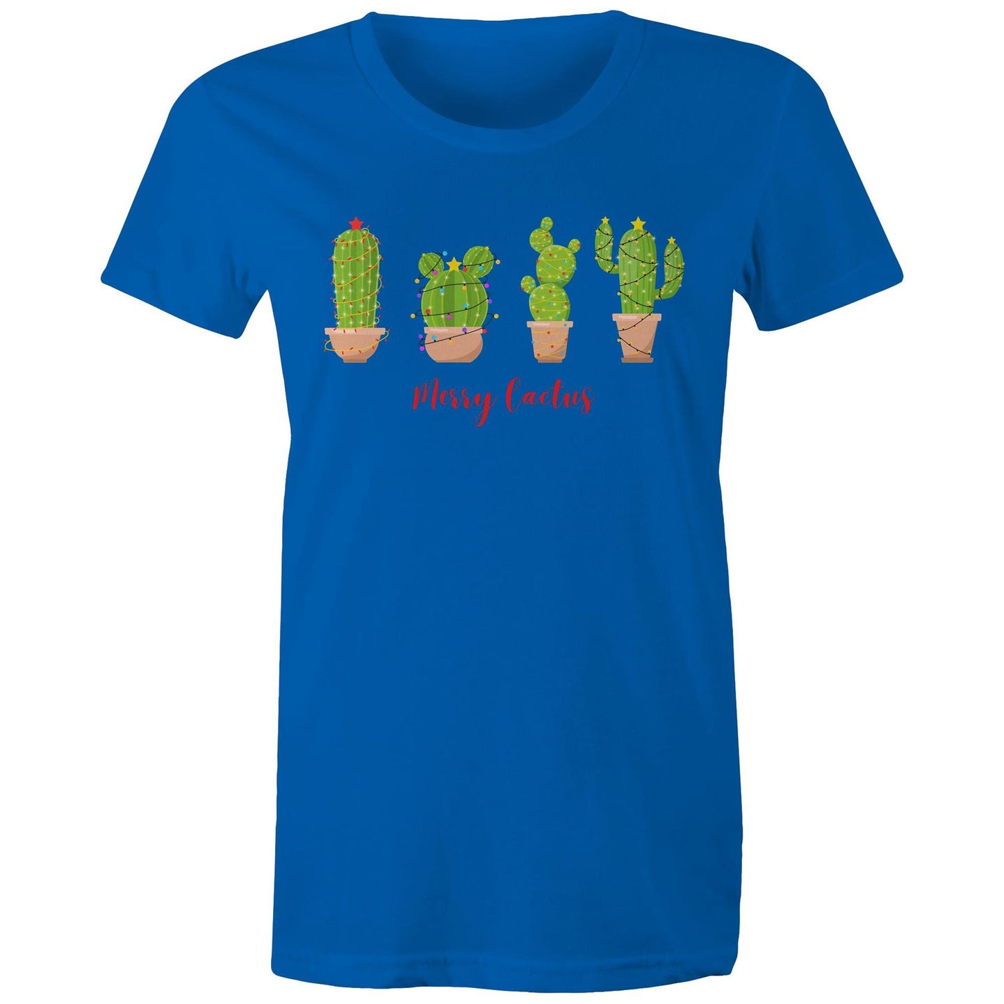 Merry Cactus, Christmas - Womens T-shirt Bright Royal Womens Christmas T-shirt Christmas Printed In Australia