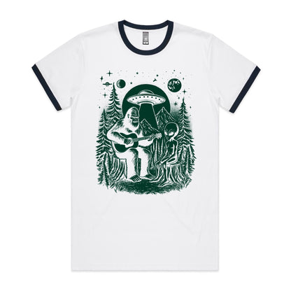 Alien And Bigfoot Playing Guitar - Staple Ringer Tee