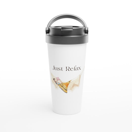 Just Relax - White 15oz Stainless Steel Travel Mug Travel Mug coffee cold cup hammock handle holiday hot read relaxation rest travel